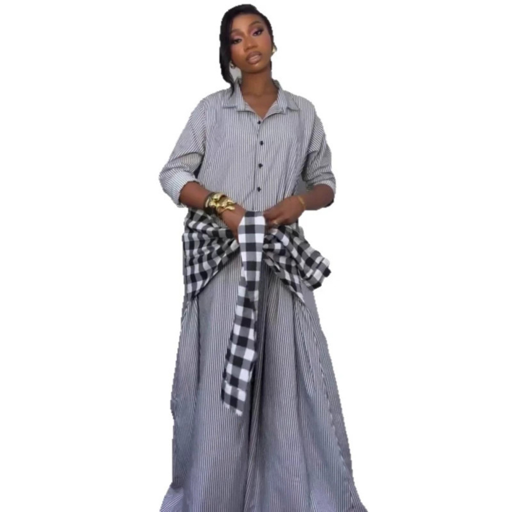 ZARA Womens Casual Striped Long Sleeve Single Breasted Dress African Loose Bow